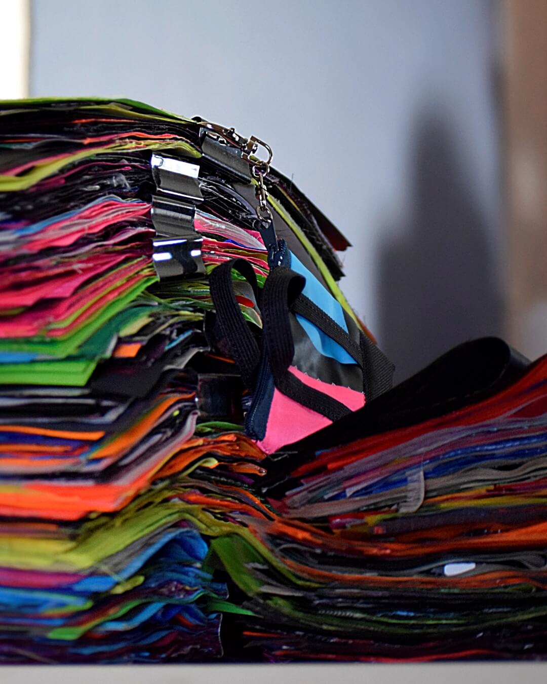 Pocięte fragmenty materiałów z recyklingu przed szyciem torby